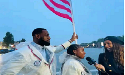 LeBron James and Coco Gauff bearing the flag for Team USA! Bron is the first male basketball player to carry the United States flag in U.S. history.