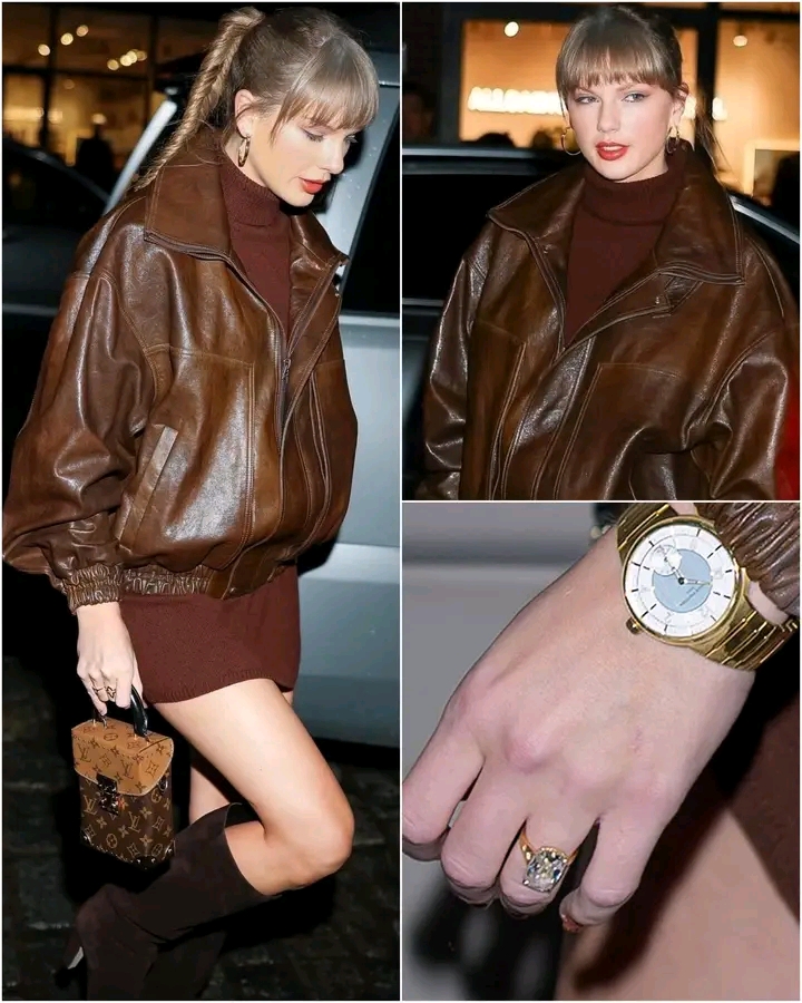 Taylor Swift served peak fall fashion in NYC. Stepping out at Chez Margaux, the superstar stunned in a chic all-brown look — pairing a cashmere turtleneck dress, oversized leather bomber jacket, and suede knee-high boots for a cozy yet luxe vibe. She accessorized with gold hoops, a Louis Vuitton watch, and her sparkling engagement ring from Travis Kelce. The “Bad Blood” singer proved once again she’s the queen of effortless autumn style...