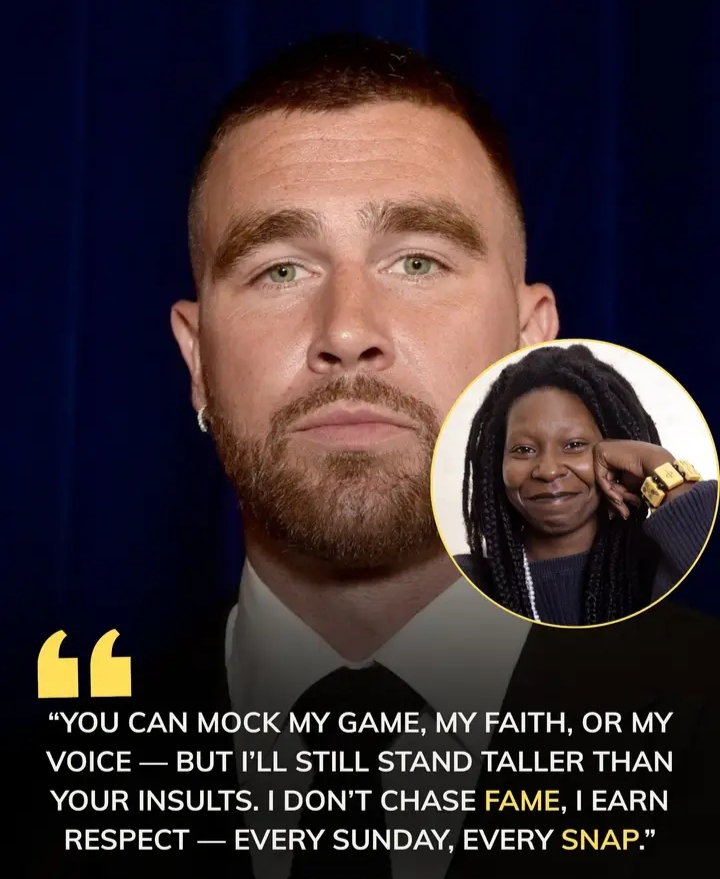 SHOCKING LIVE TV MOMENT FROM DALLAS: “HE’S JUST A FOOTBALL PLAYER.” Those five words from Whoopi Goldberg instantly backfired when Chiefs star Travis Kelce looked straight into the camera and dropped a line that stopped the entire studio cold. Within minutes, the clip exploded across social media — millions watching the exact moment Kelce turned a casual insult into a national wake-up call. What he said next didn’t just silence Whoopi — it sent shockwaves through the NFL, Hollywood, and every living room in America. READ MORE: