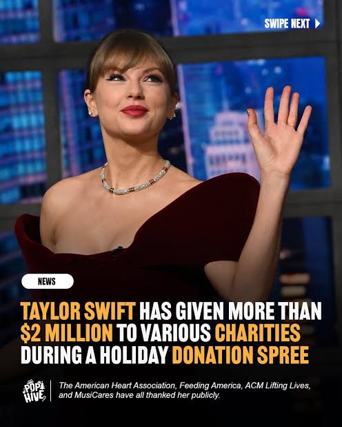 Breaking News : Taylor Swift gives over $2 million to various charities in holiday donation spree...